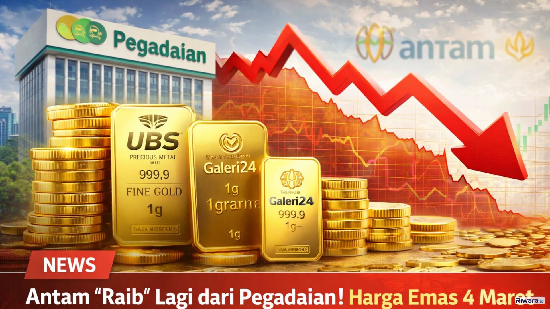 Ilustrasi penurunan harga emas di Pegadaian per 4 Maret 2026. Produk UBS dan Galeri24 melemah, sementara emas Antam kembali tidak tercantum dalam daftar resmi.